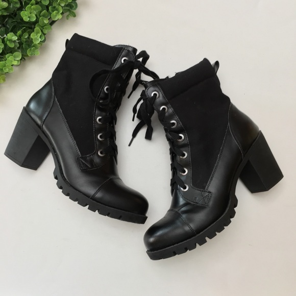 XOXO Shoes - Black Lace Up Boots Rugged Chunky Heel